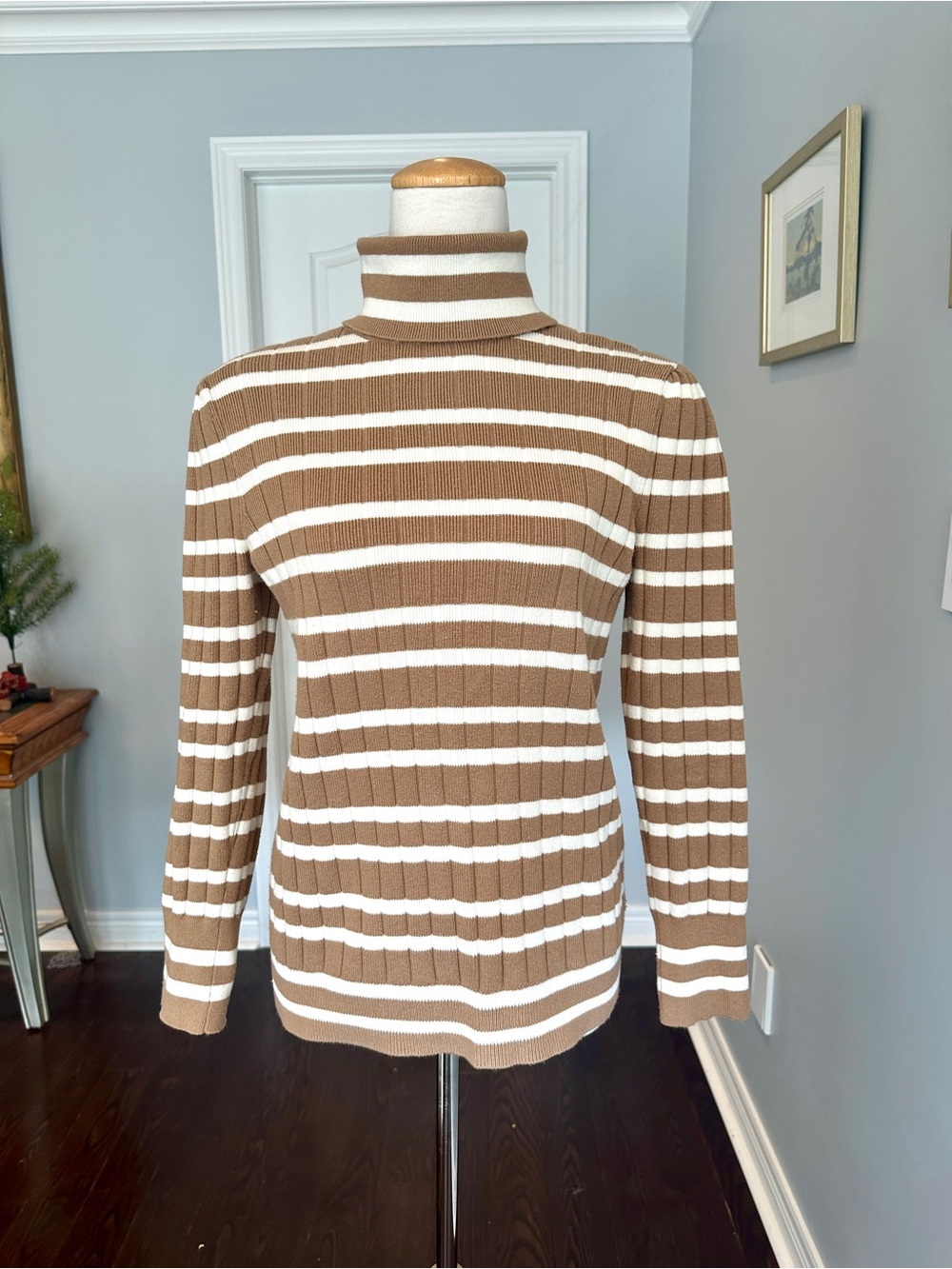 TALBOTS Tan and White Striped Turtleneck Sweater - Size M